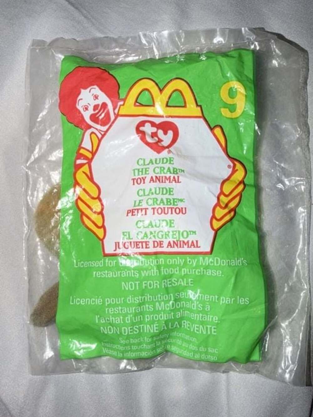 McDonald's 1999 Ty Teenie Beanie Baby #9 Claude The Crab Sealed Happy Meal Toy